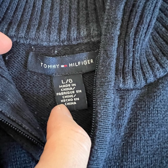 Tommy Hilfiger 100% Cotton Navy Full Zip Cable Knit Mock Neck Sweater | Large - Picture 2 of 3